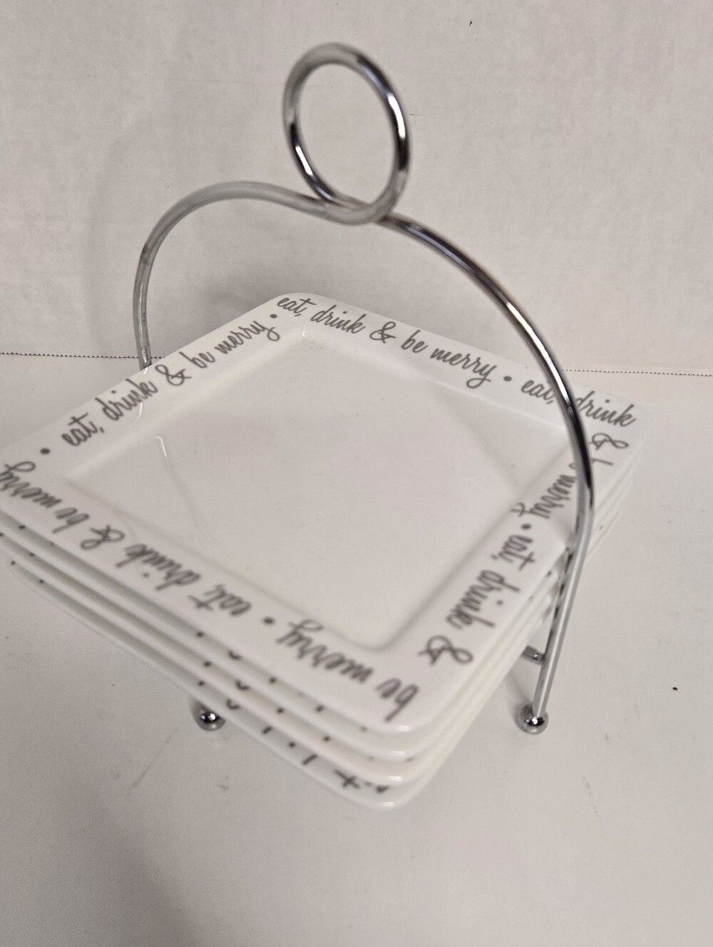 Ciroa Eat Drink & Be Merry Platinum Square Appetizer Plates x4 Metal Srand